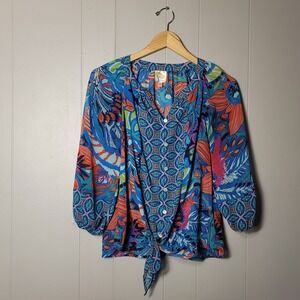 FIG & FLOWER PEASANT BLUE MIX PRINT SHEER BOHO BLOUSE TIE WAIST PETITE MEDIUM